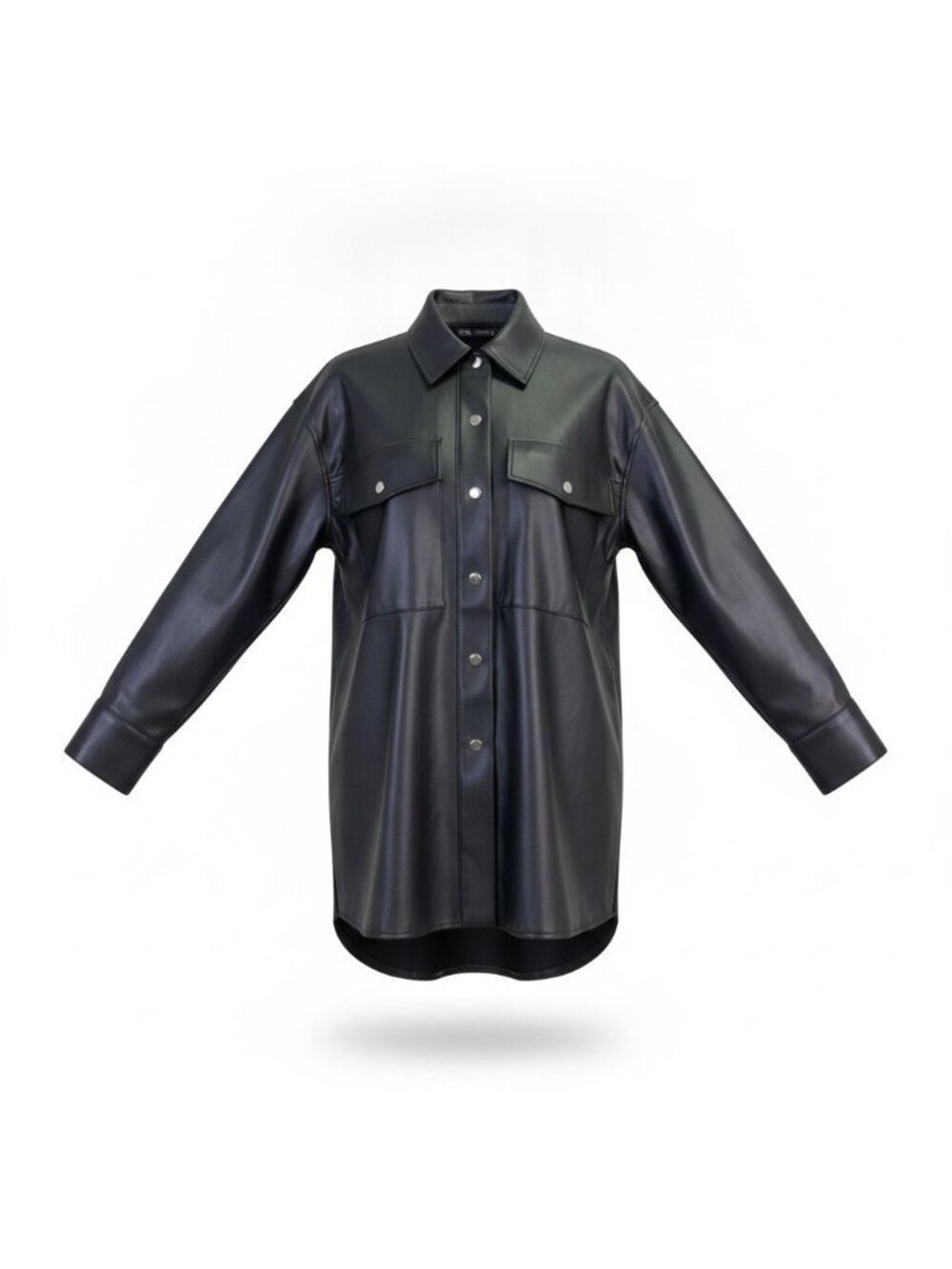 Zara Womens Black Faux Leather Longline Shirt Jacket Side Pockets Sz S